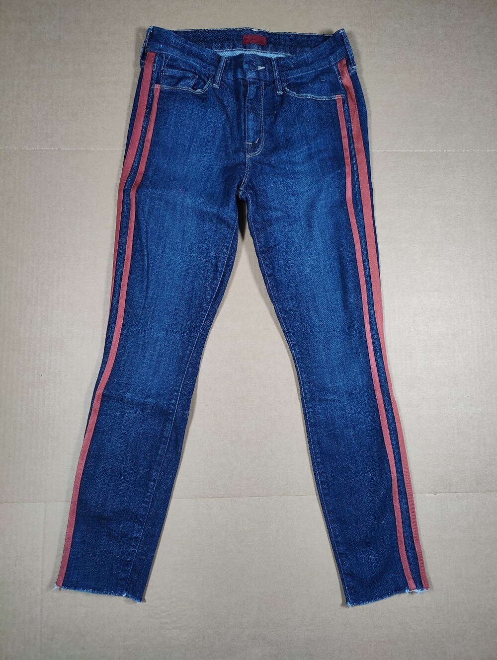 Mother Speed Racer Looker Ankle Fray Dark Wash Jeans Red Stripe 26 Made In USA